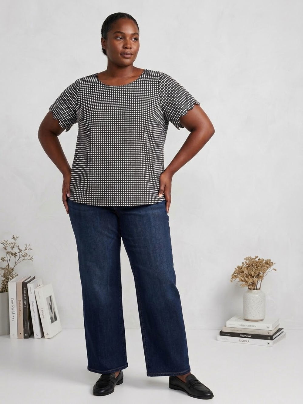 NWT Pleione Black & White Gingham polka dot Short-Sleeve Blouse size 3x